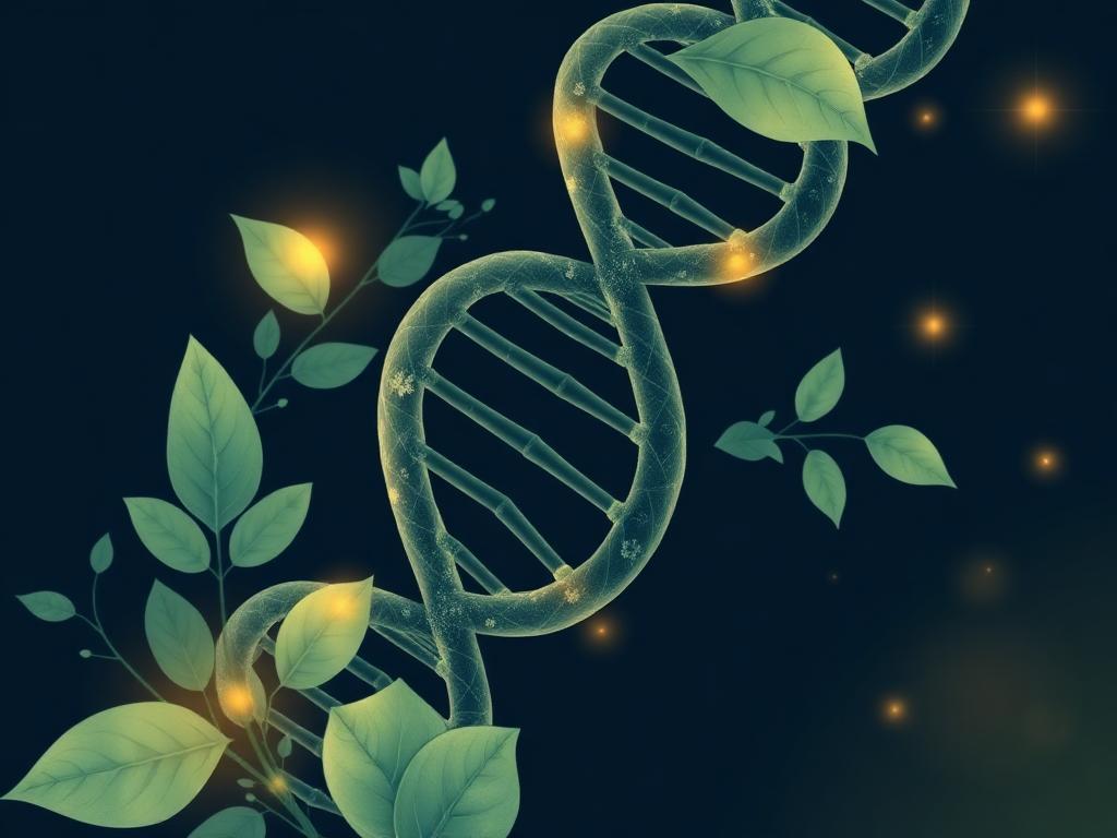 Abstract DNA strand intertwined with botanical leaves